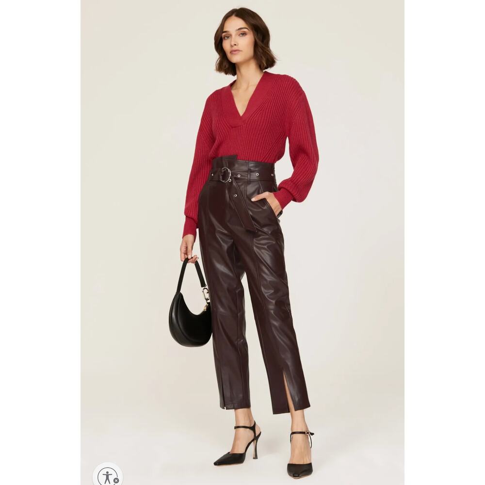 Marissa Webb Split Hem Faux Leather Pants Brown Cropped High Waist Straight Sz 8